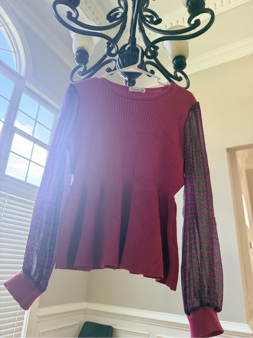 89th & Madison Magenta Peplum Sweater with Patterned Sheer Sleeves